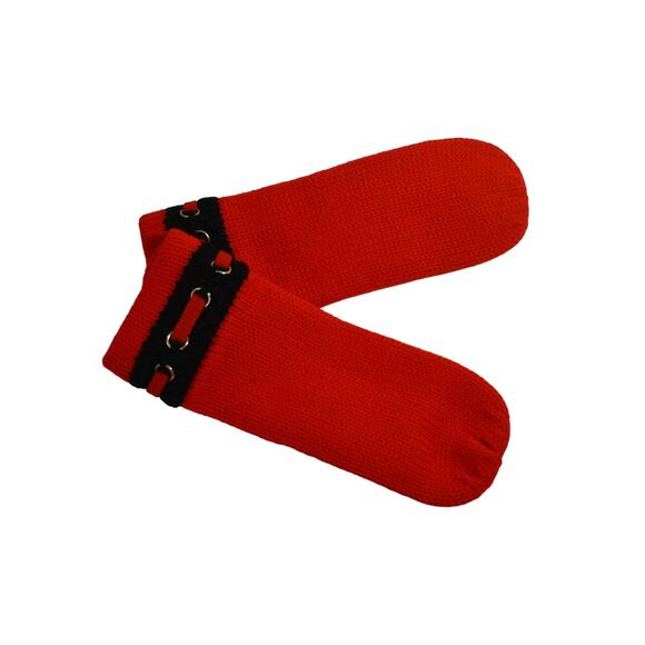 80s Red & Black 100% Acrylic Knit Silver Grommets Women's Mittens Made in Japan - Picture 5 of 7